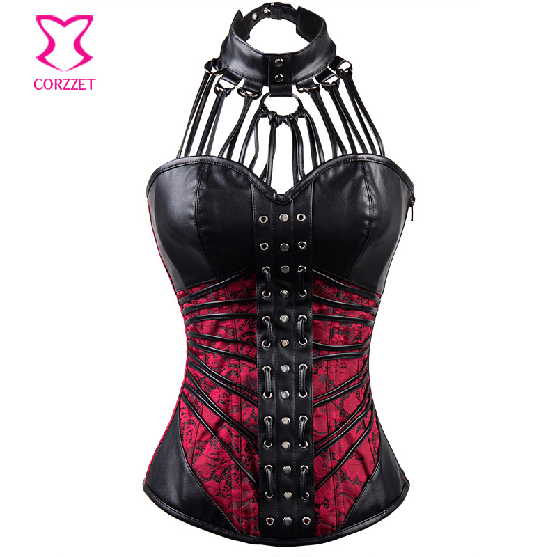 21651# Black/Red Gothic Armor Corset Bustier Leather Strappy Halter  Tops-Steampunk Corsets & Bustiers Guangzhou Lingerie Manufacturer Wholesaler