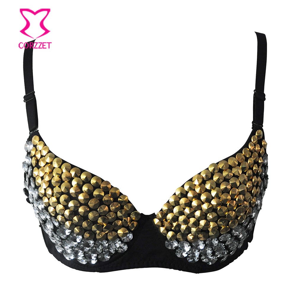 Silver Or Gold Spiked Black Bra