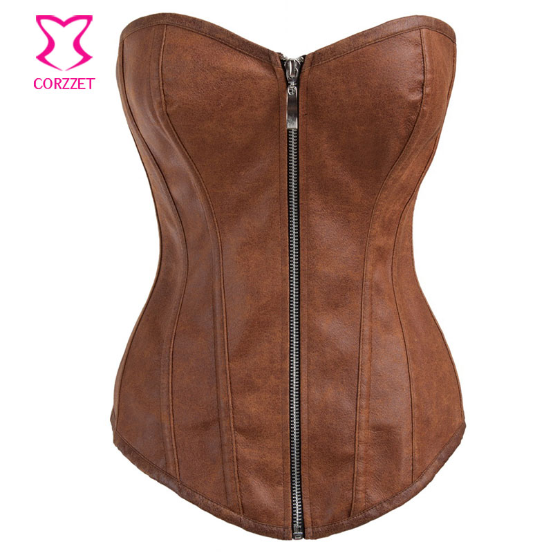 2803A# Burlesque Browb Faux Leather Zipper Front Corset Steampunk