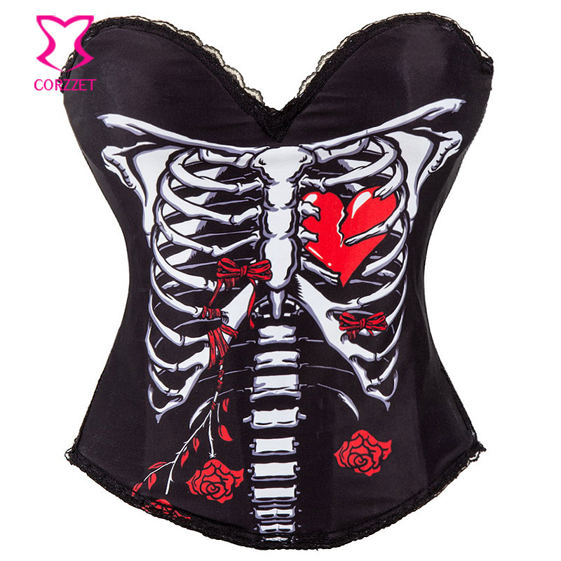 21608# Human Skeleton with Heart & Floral Print Black Cotton Push Up  Bustier Corset-Steampunk Corsets & Bustiers Guangzhou Lingerie Manufacturer  Wholesaler